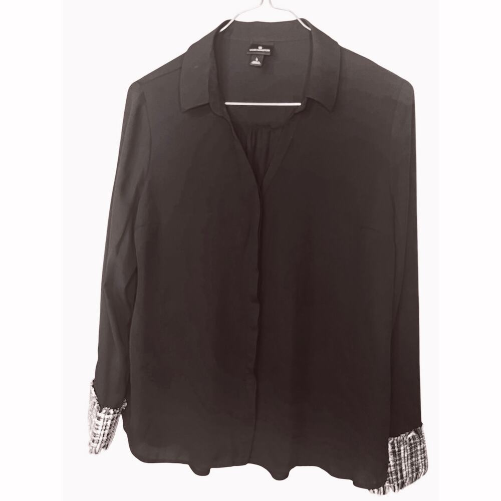 Worthington. Black Opaque Blouse Sz L with Black and White Tweed Cuffs